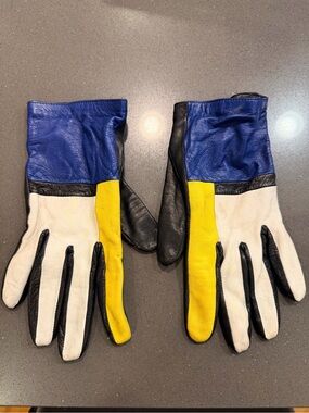 Maison Fabre Colorblock Leather Gloves Blue Yellow White Black Size 7.5